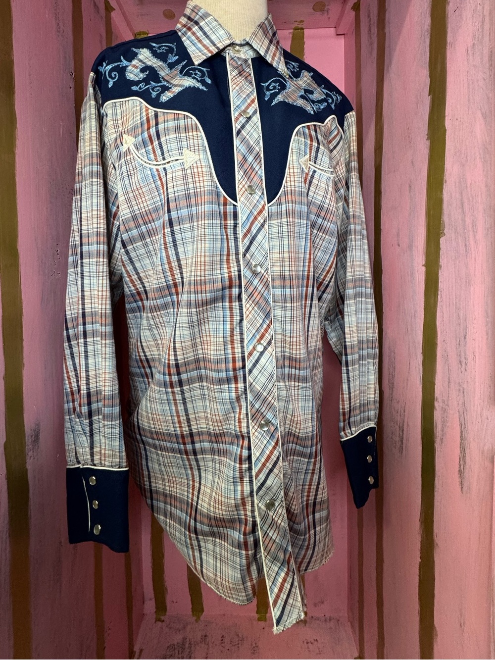 H Bar C Western Plaid Snap-Front Shirt in Navy, Red & Cream Plaid - Size 16